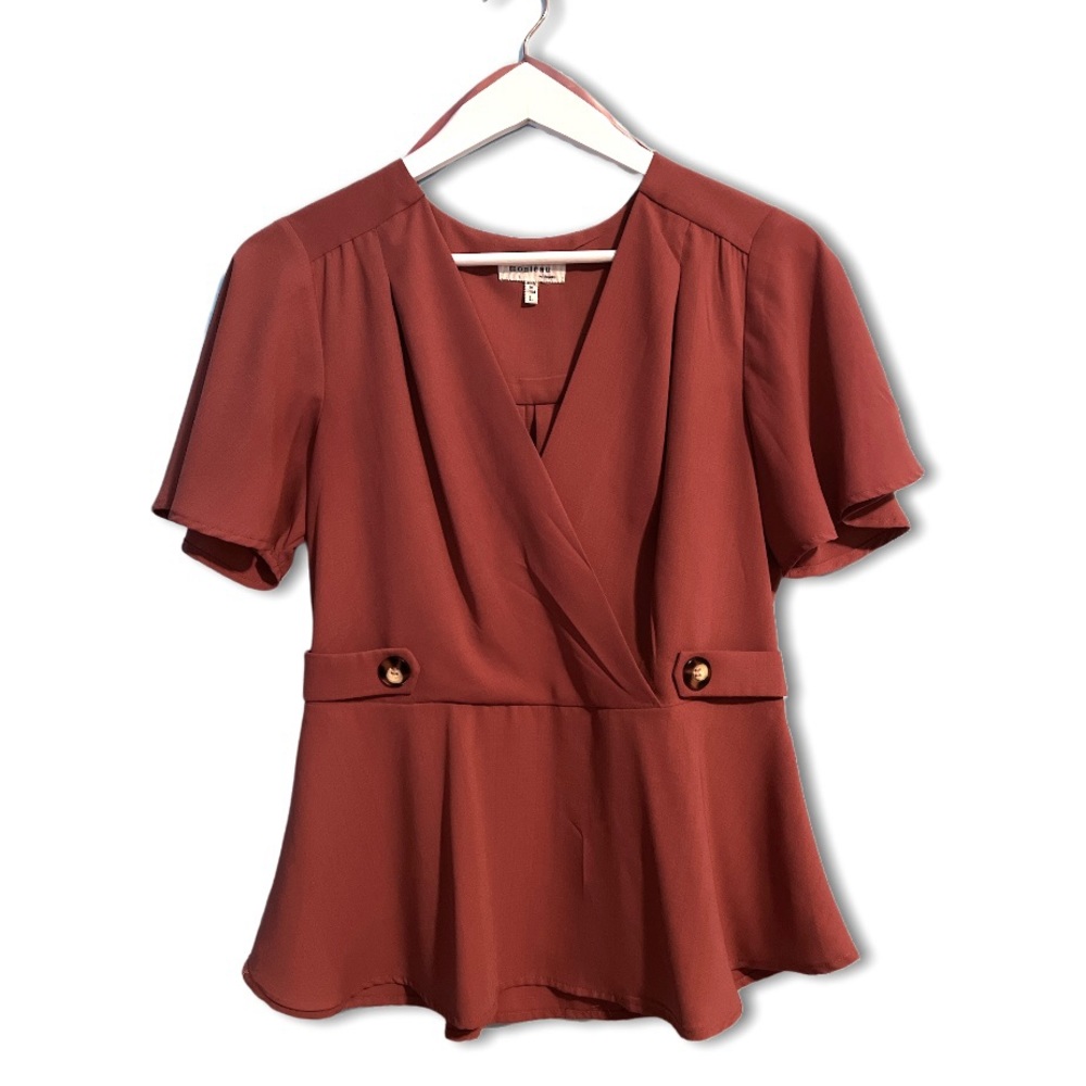 MONTEAU V-NECK PINK RUST BLOUSE - SIZE LARGE